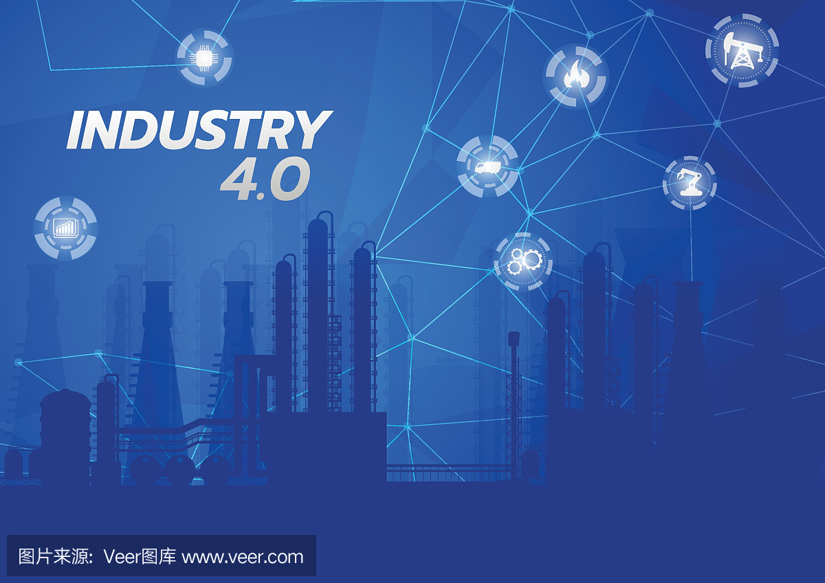 工业4.0概念形象。工业仪器在工厂,物联网联网